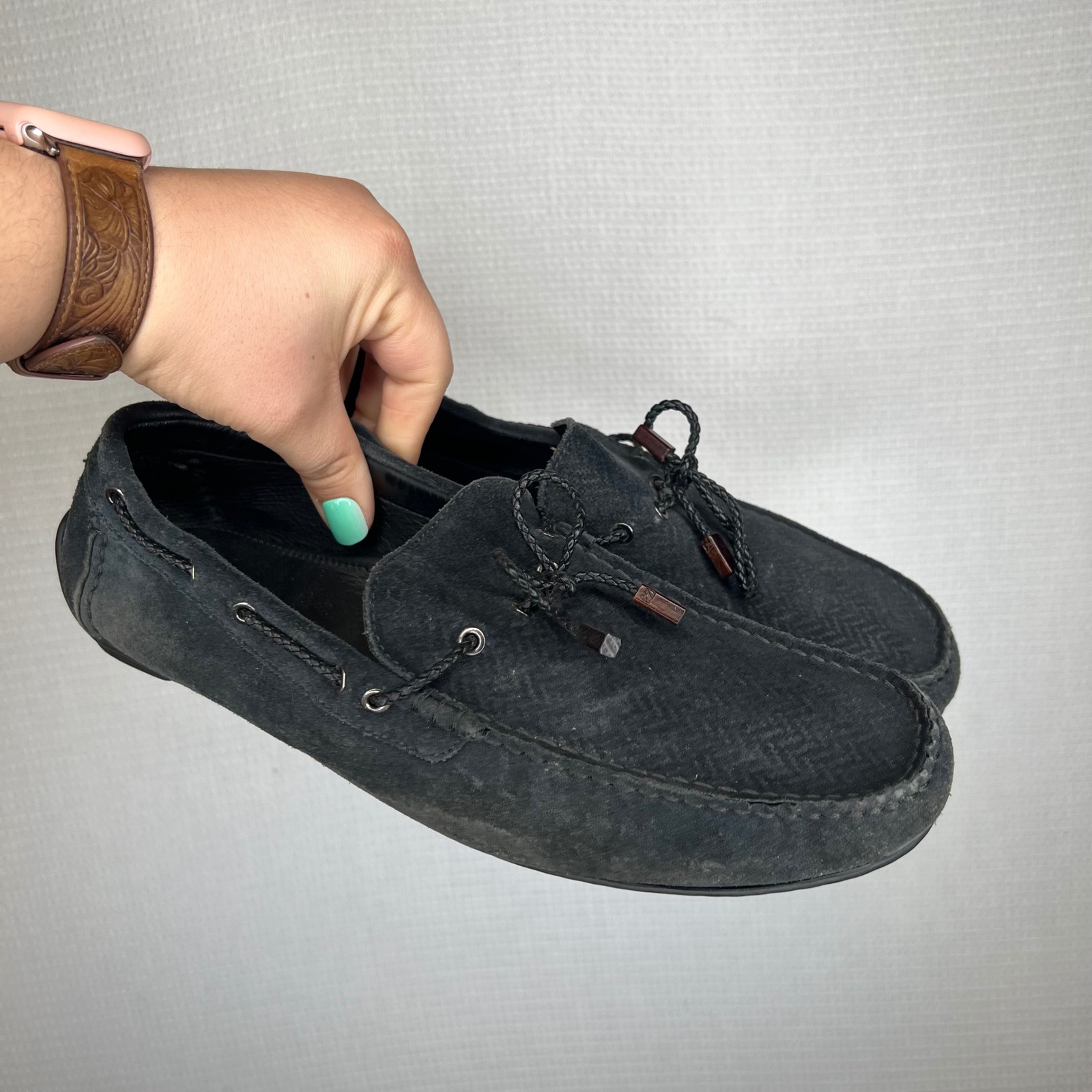 Ermenegildo Zegna Mens Black Suede Herringbone Driving Loafers Size 9 Eu 10 Us